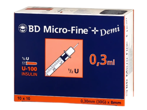 BD Microfine Syringe and Needle u100 0.3ml 30g 8mm (Box of 100)